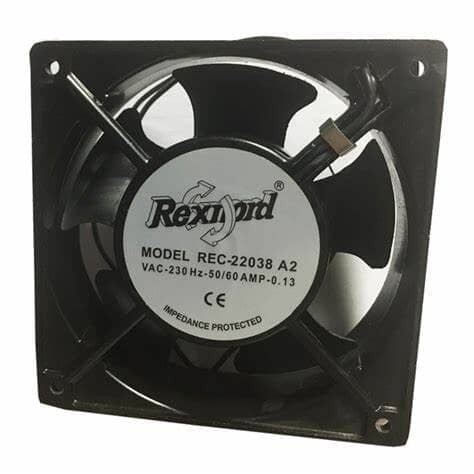 Rexnord - Model: REC-22038-A2 - Axial Compact Fan - Voltage: 230 V AC - Current: 0.1 A - Power Consumption: 15 W - Speed: 2600 rpm - Dimensions: 120 × 120 × 38 mm